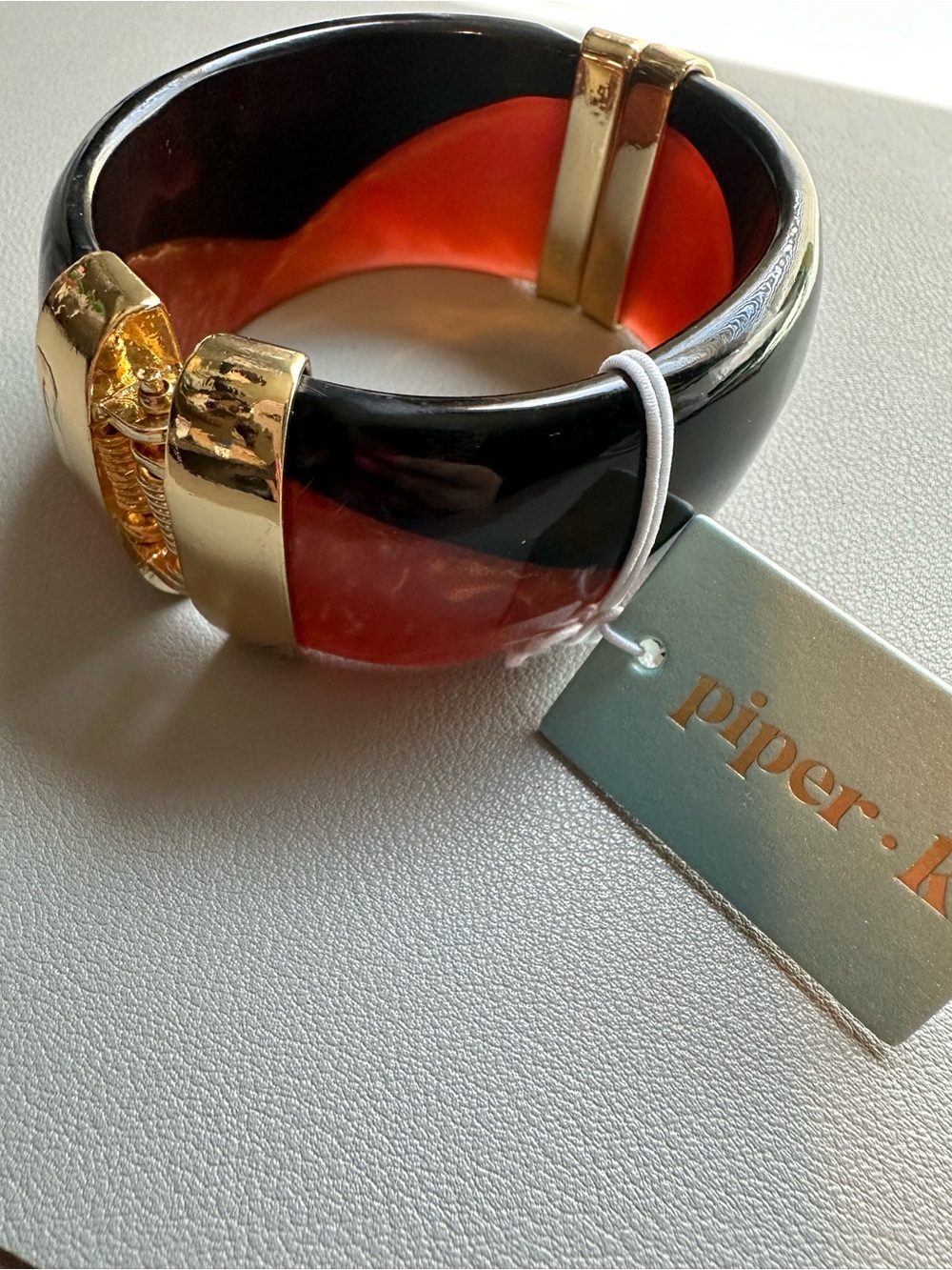 Piper - Black and Amber Resin Hinged Bangle Bracelet - Picture 2 of 5